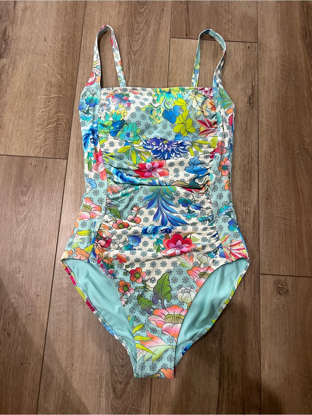 Johnny Was Marilyn Ruched Aqua Floral One-Piece Swimsuit Women’s Small
